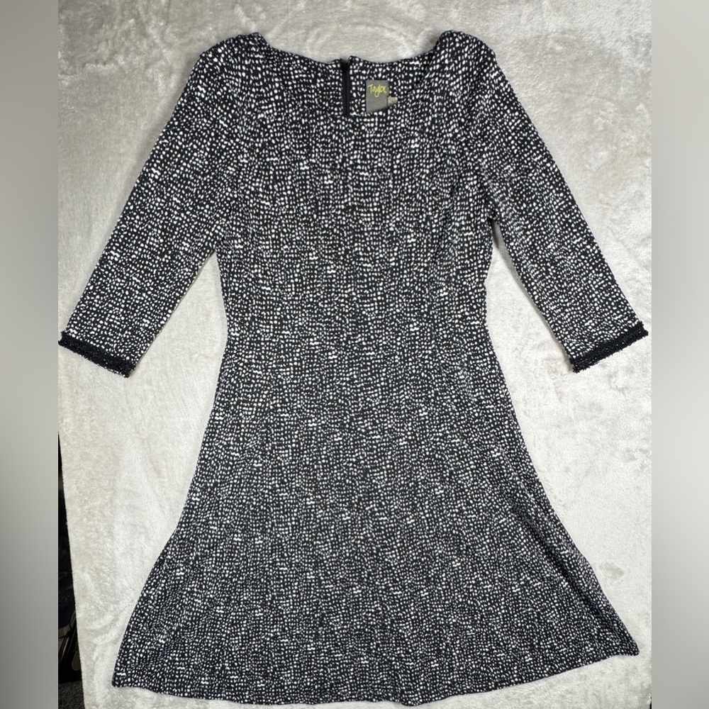 Taylor Black White Knit Abstract Polk Dot A Line Fit & Flare Retro Dress Size 2